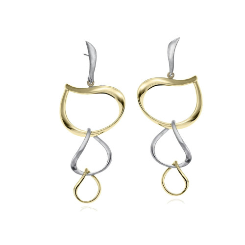 Pendientes largos orgánicos bicolor de plata con baño de oro 18k