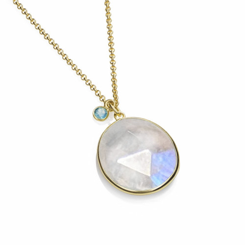 Colgante con espectrolita tallada y detalle de apatita en plata de ley con baño de oro de 18k