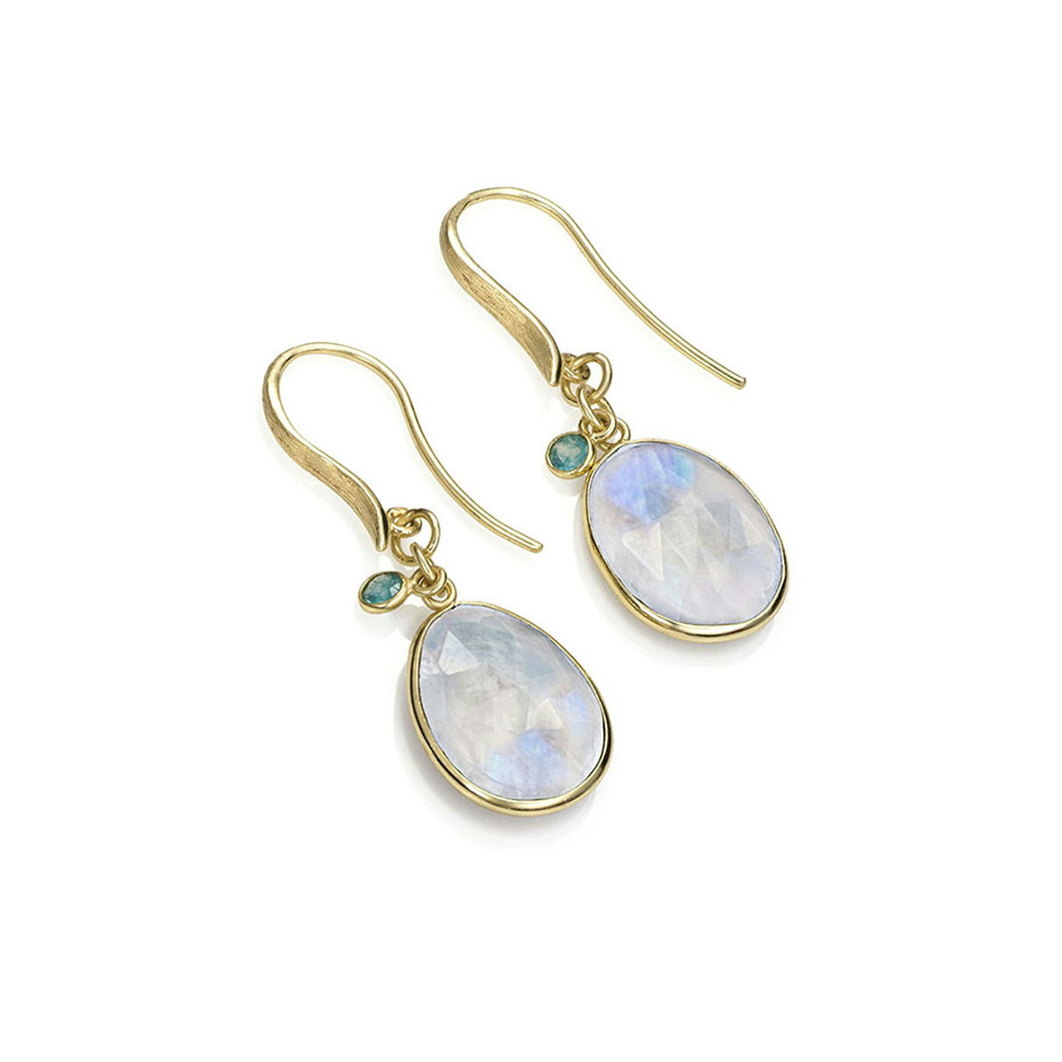 Hook earrings with rainbow moonstone and apatite detail in sterling silver with 18k gold vermeil