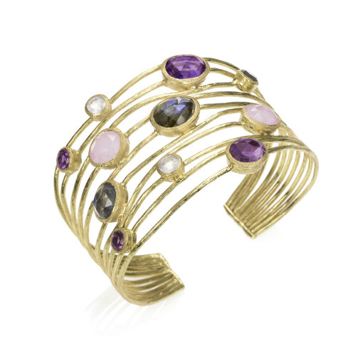10-strand bangle with pink gemstones in sterling silver with 18k gold vermeil