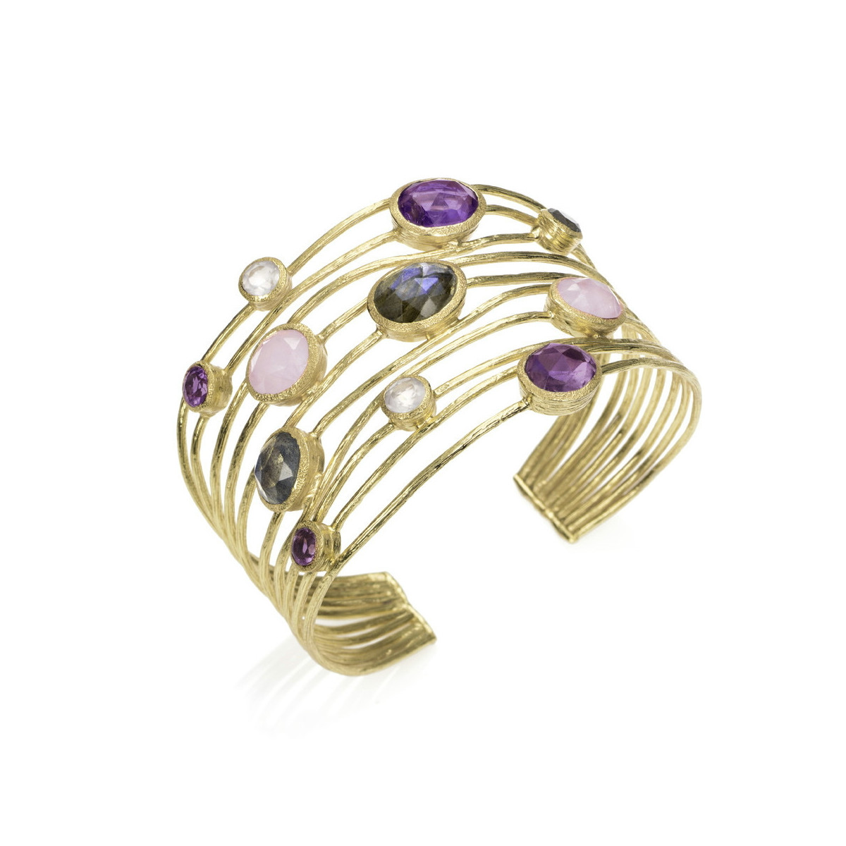Brazalete de 10 hilos multipiedras rosa de plata con baño de oro 18k