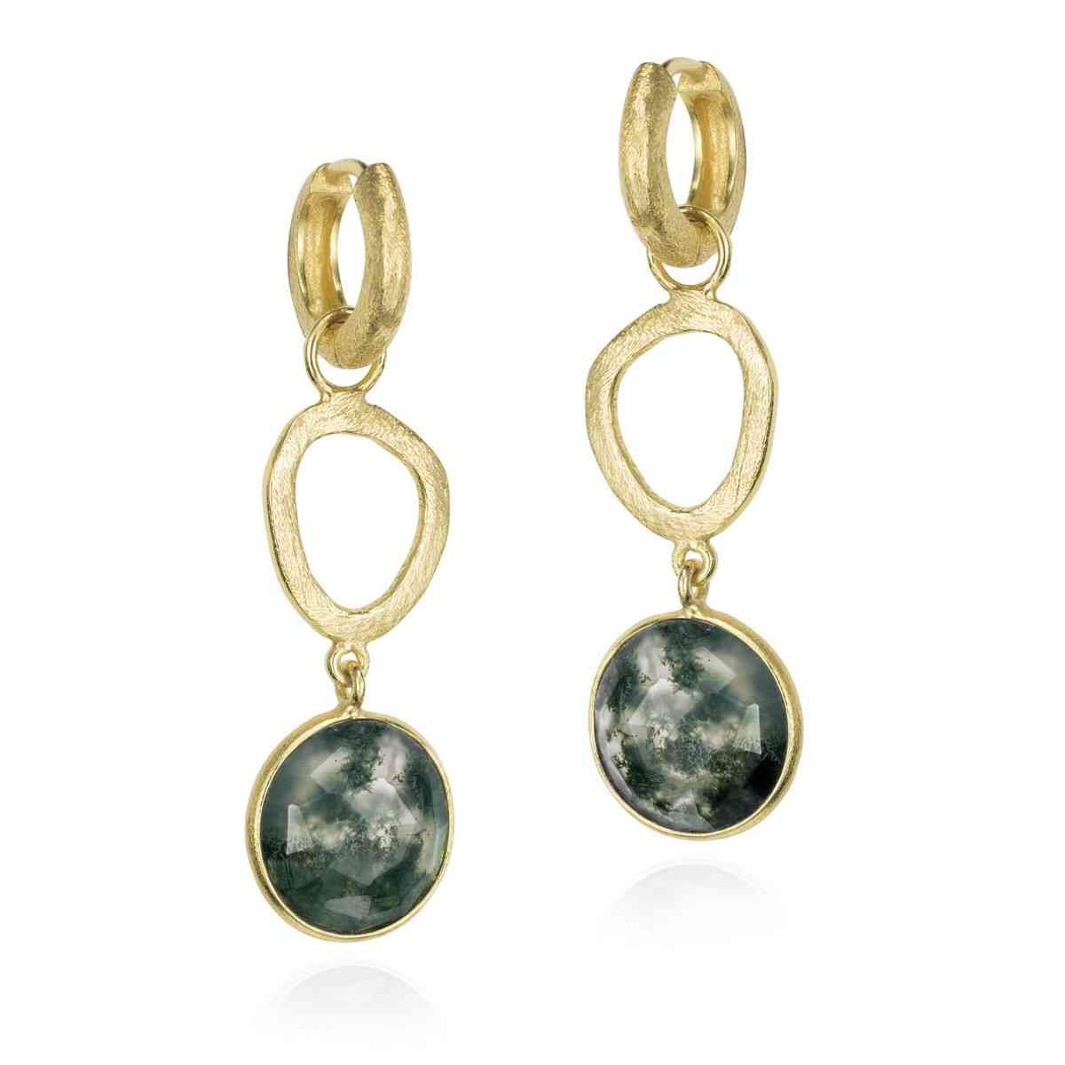 Pendientes largos con ágata musgo de plata con baño de oro 18k