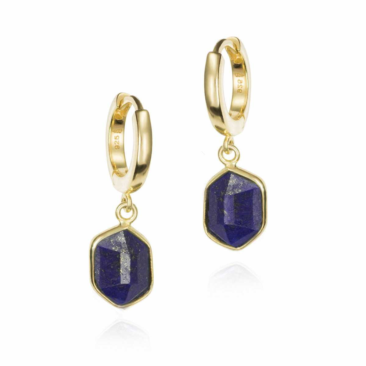 Pendiente de aro con lapislázuli hexagonal de plata con baño de oro 18k