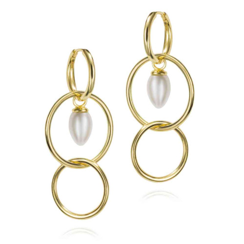 Pendientes largos de aro con perla en plata de ley con baño de oro de 18k