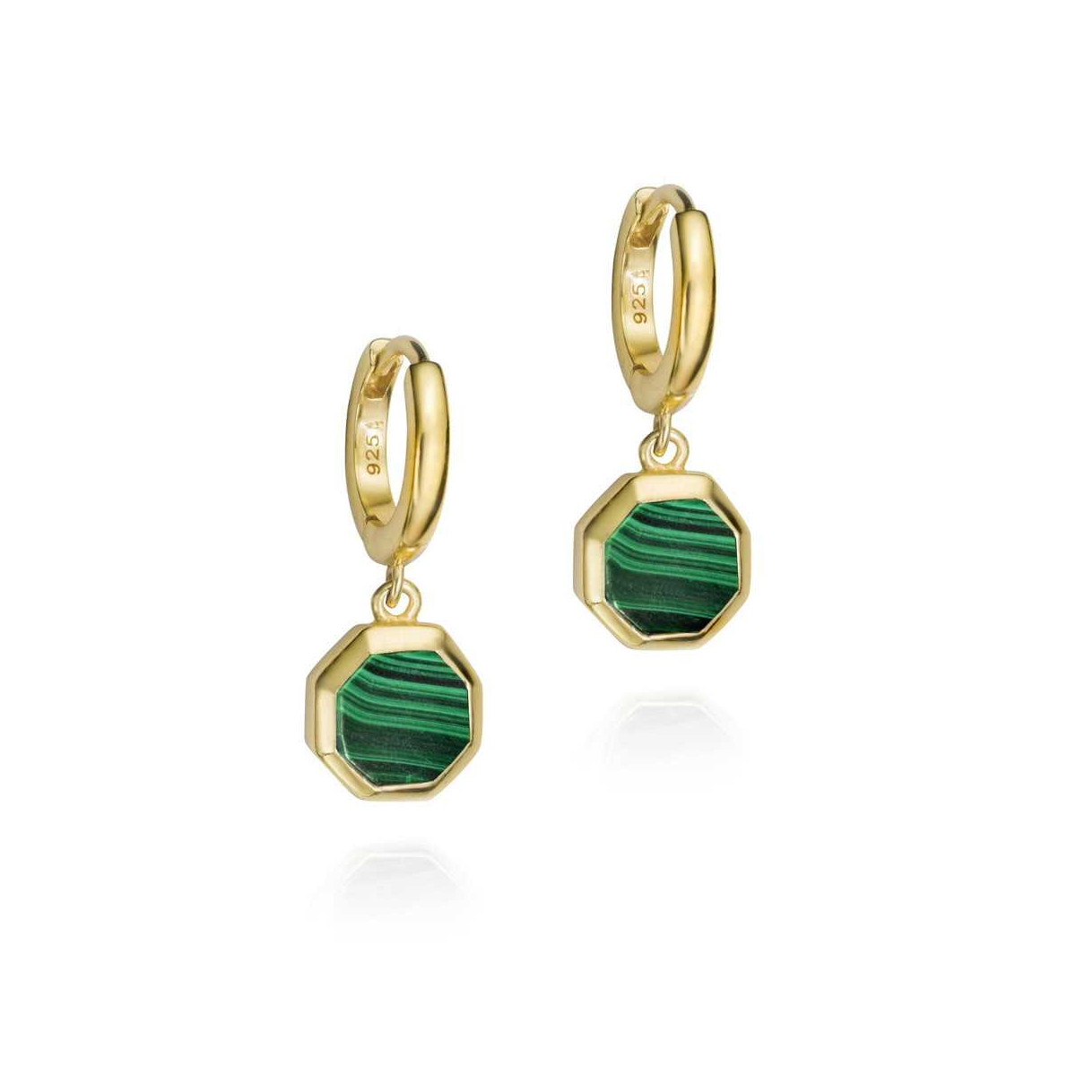 Pendientes hexagonales de Malaquita en plata con Baño de Oro