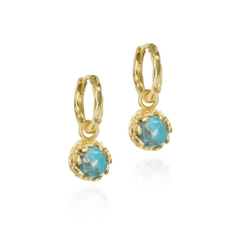 Pendientes de aro pequeños con Turquesa de plata con baño de oro 18k