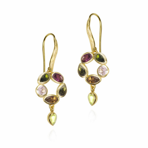 Hook earrings with floral tourmaline design and 18k gold vermeil