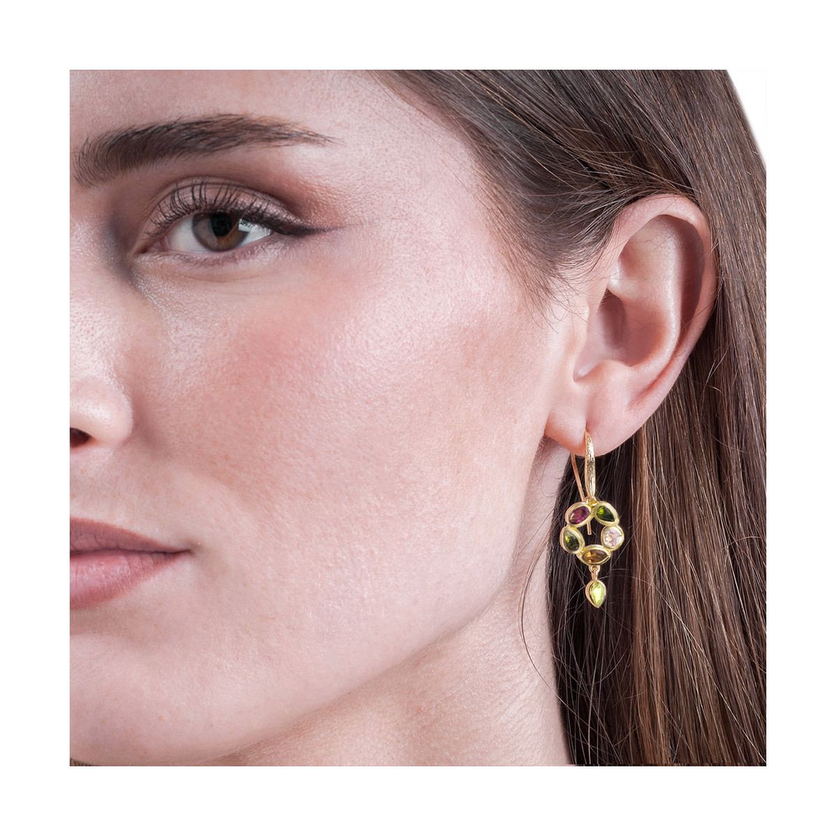 Hook earrings with floral tourmaline design and 18k gold vermeil