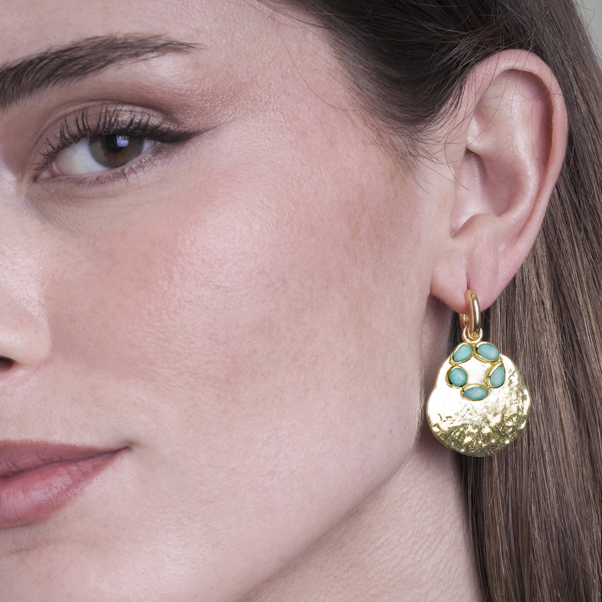 Irregular hoop earrings with amazonite flower 18k gold vermeil