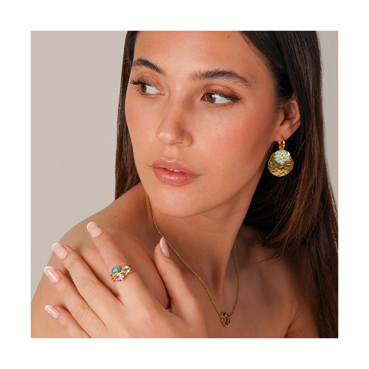 Irregular hoop earrings with amazonite flower 18k gold vermeil
