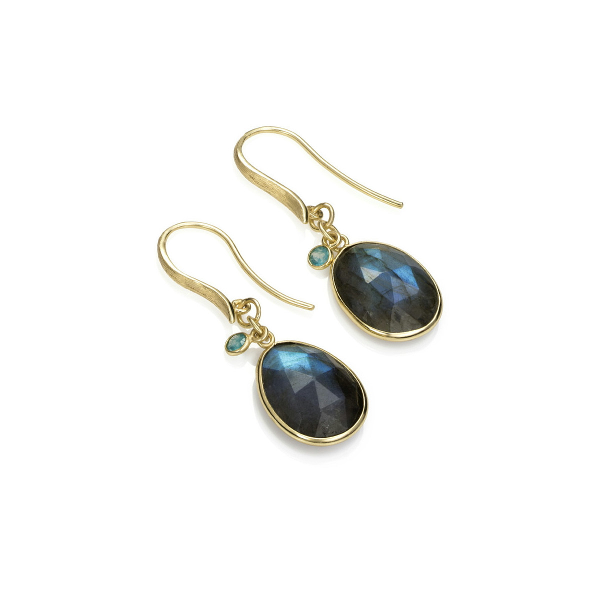 Hook earrings with labradorite and apatite in sterling silver with 18k gold vermeil