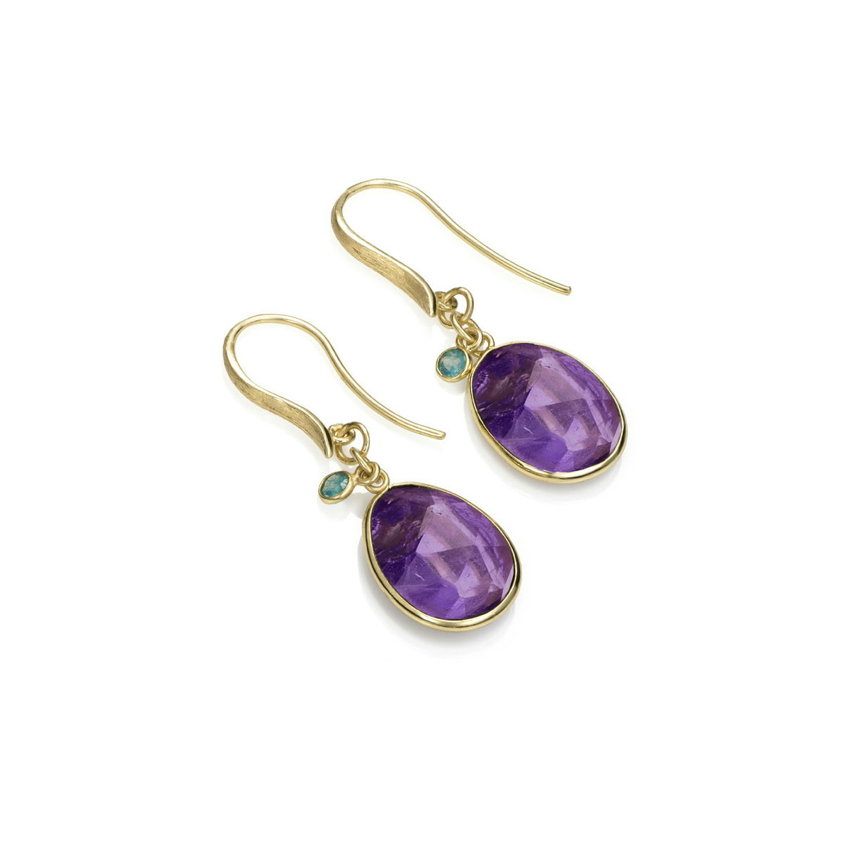 Hook earrings with amethyst and apatite detail in sterling silver with 18k gold vermeil