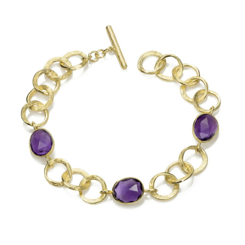Pulsera de eslabones con amatista de plata con baño de oro 18k