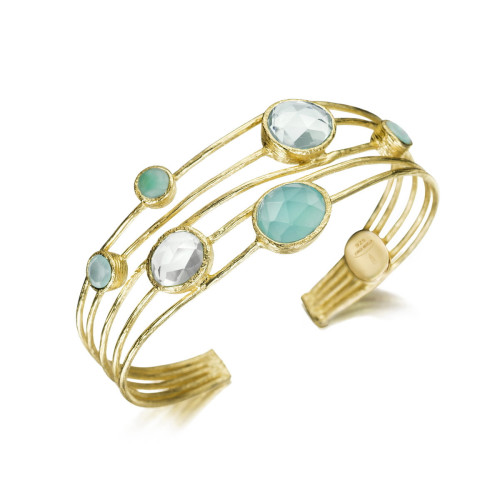 Brazalete de 5 hilos multipiedra verde de plata con baño de oro 18k