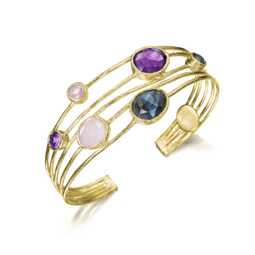 Brazalete de 5 hilos multipiedras rosa de plata con baño de oro 18k