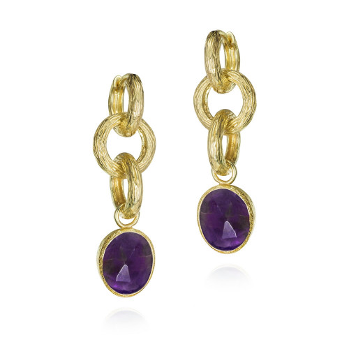 Pendientes largos Amatista de plata con Baño de Oro 18k