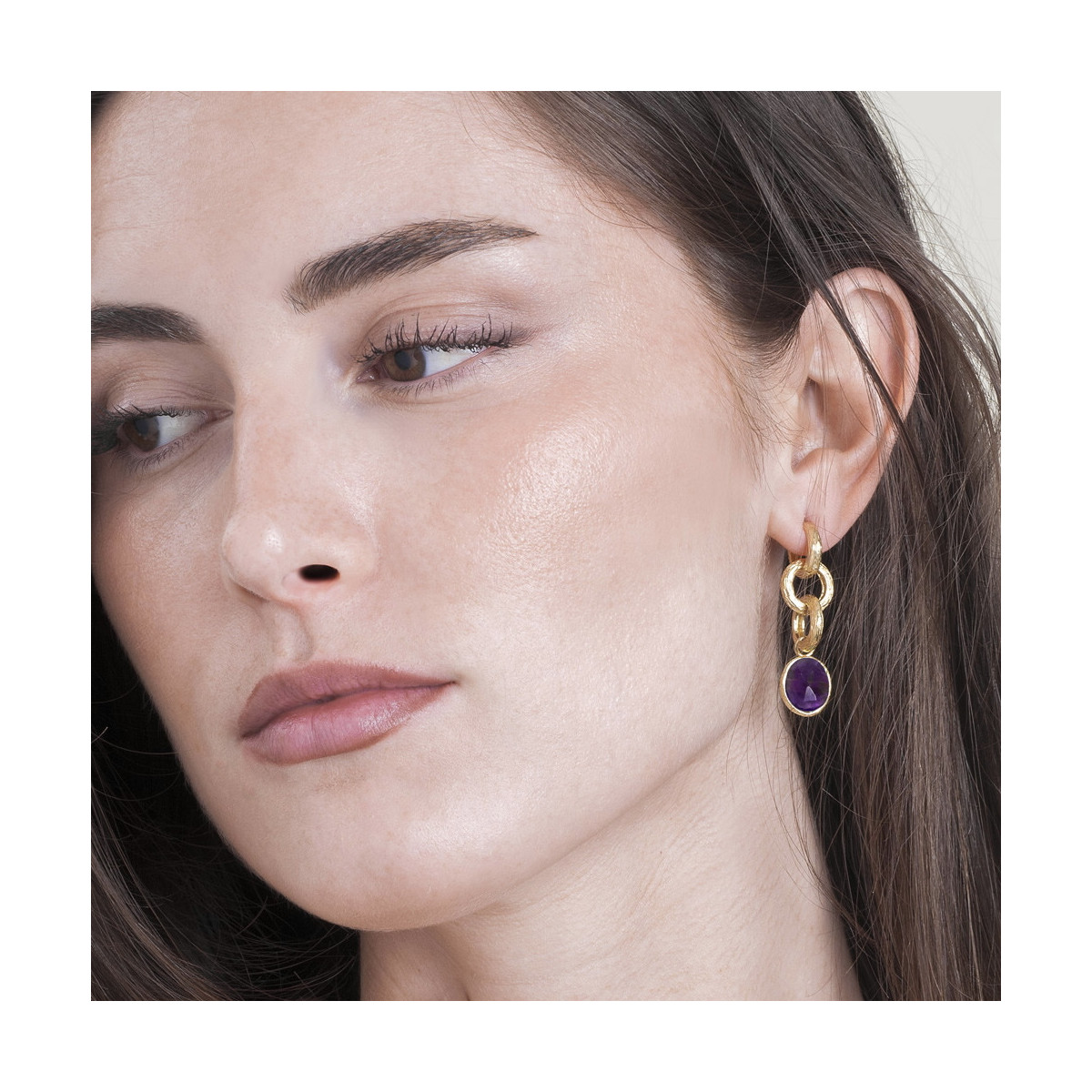 Pendientes largos Amatista de plata con Baño de Oro 18k