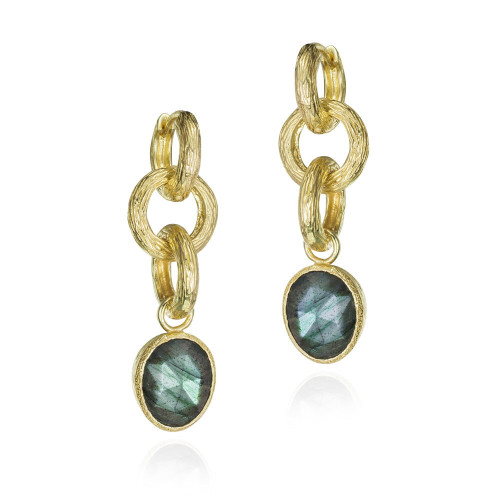 Pendientes largos Labradorita de plata con Baño de Oro 18k