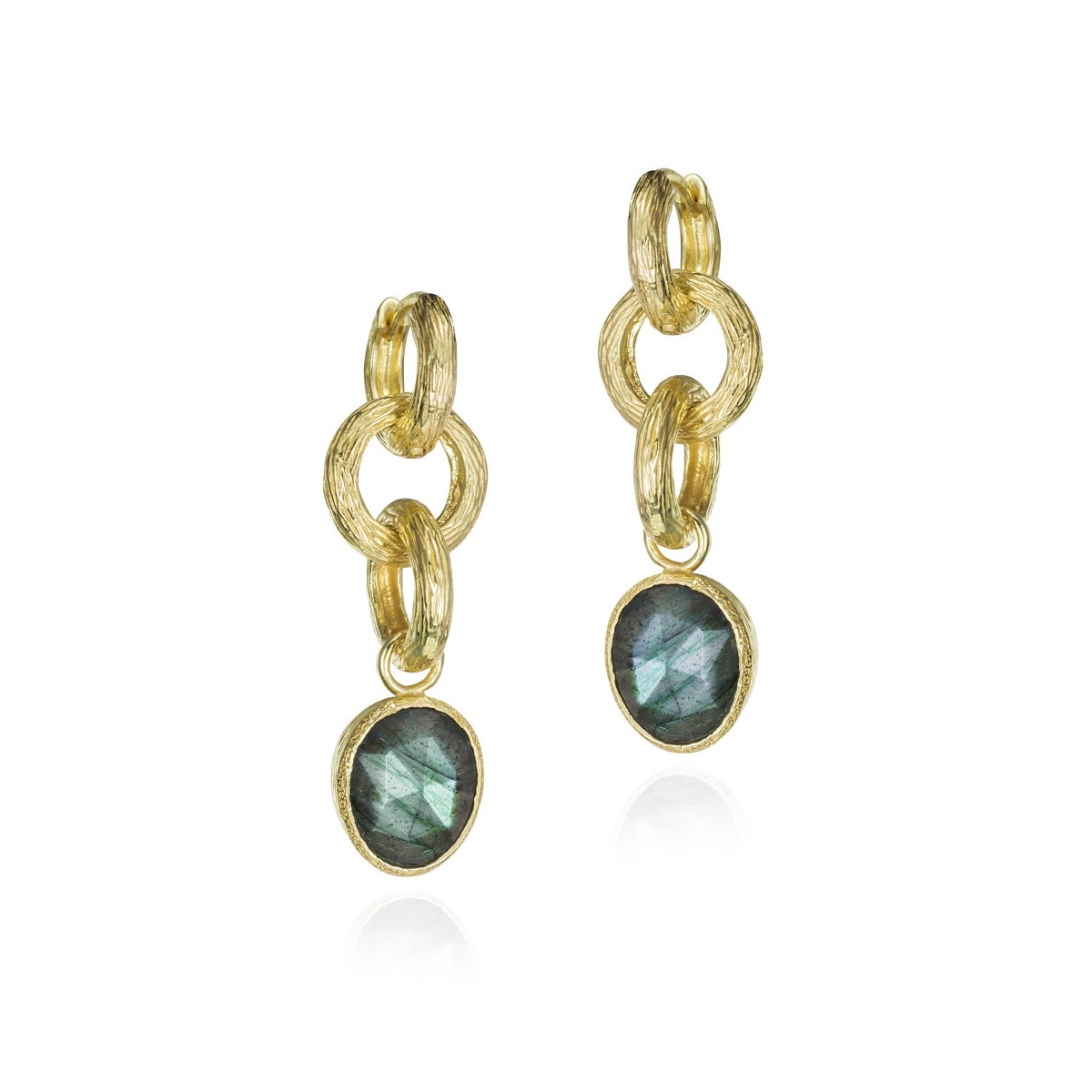 Pendientes largos Labradorita de plata con Baño de Oro 18k