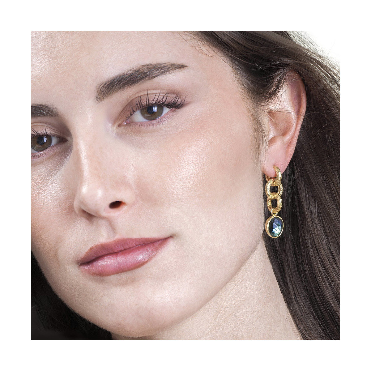Pendientes largos Labradorita de plata con Baño de Oro 18k