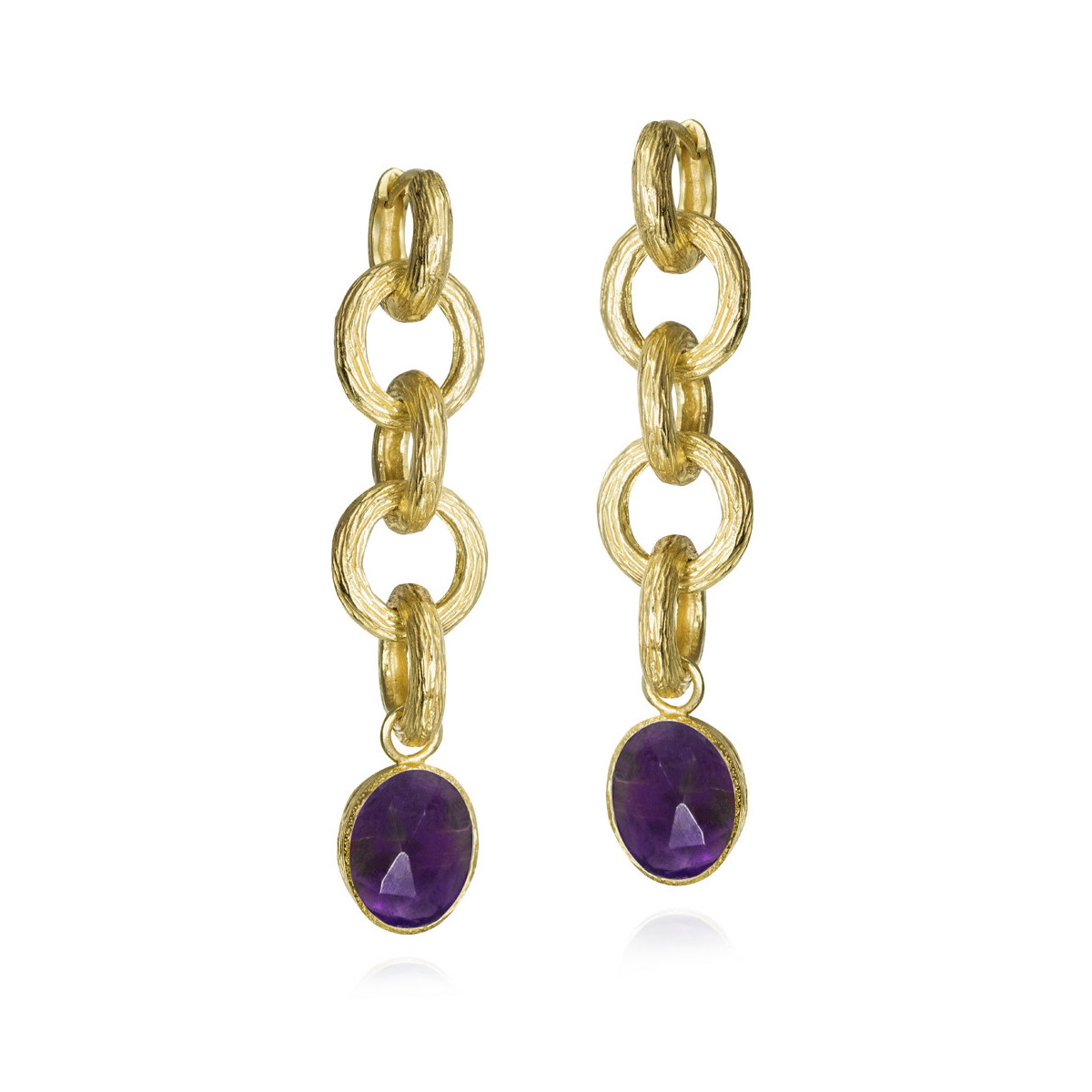 Pendientes extra largos Amatista de plata con Baño de Oro 18k