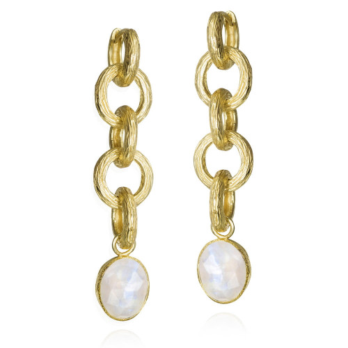 Extra long earrings with rainbow moonstone in sterling silver with 18k gold vermeil