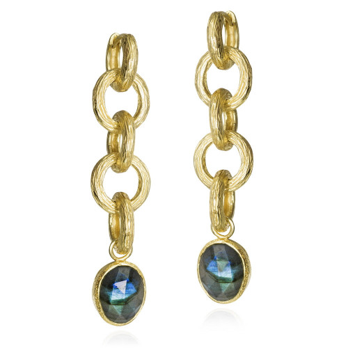 Pendientes extra largos Labradorita de plata con Baño de Oro 18k