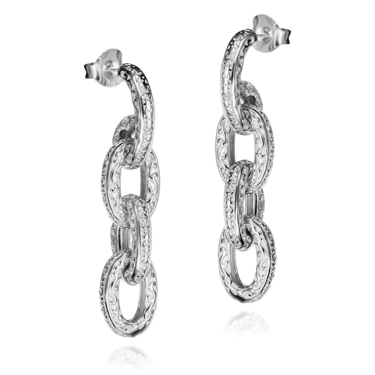 Long 925 Sterling Silver Earrings with Floral Textured Links