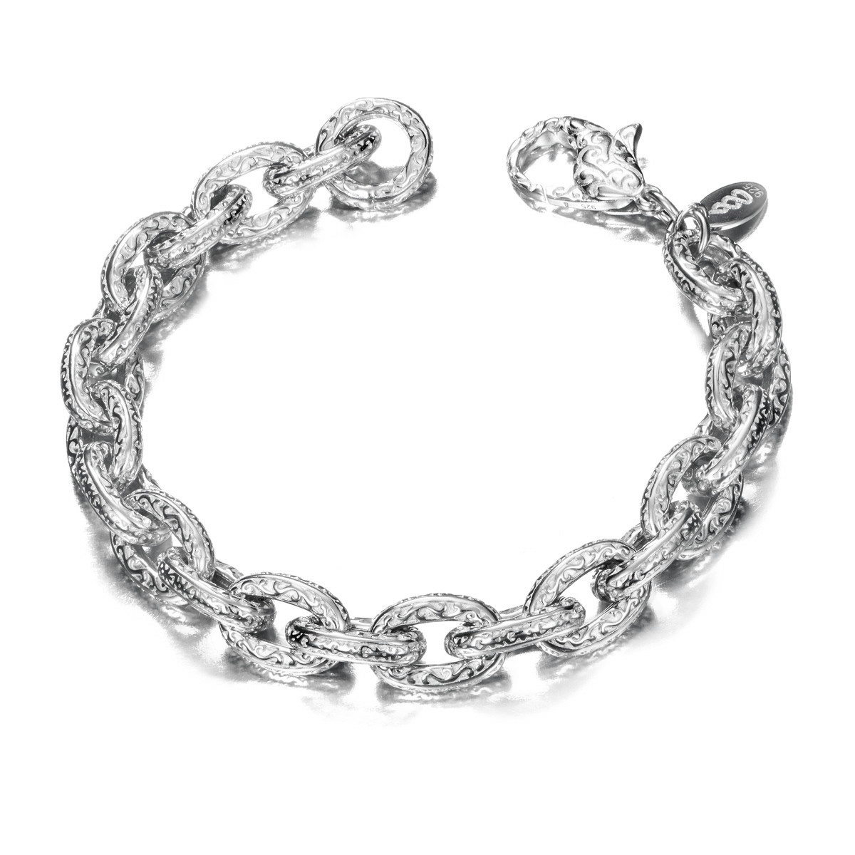 Pulsera de eslabones en plata de ley 925 con grabado floral