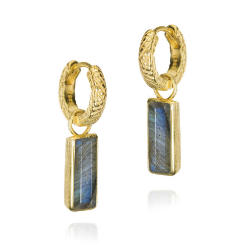 Pendientes de aro con labradorita en plata de ley bañada en oro 18k