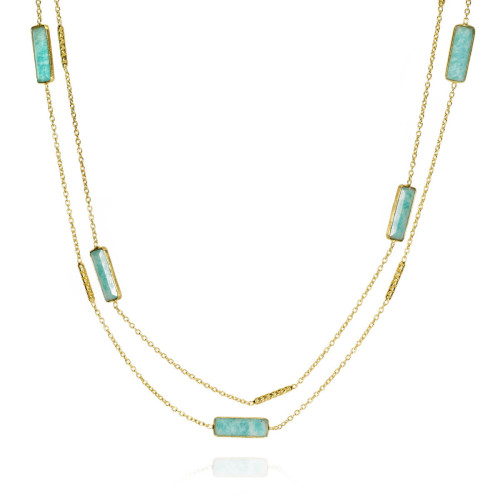 Collar largo con amazonita en plata de ley bañada en oro 18k