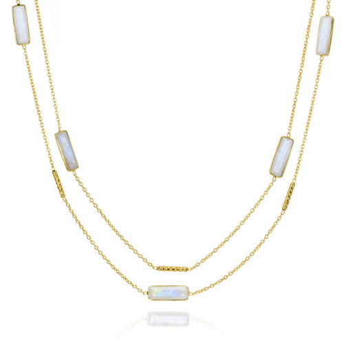 Collar largo con espectrolita en plata de ley bañada en oro 18k