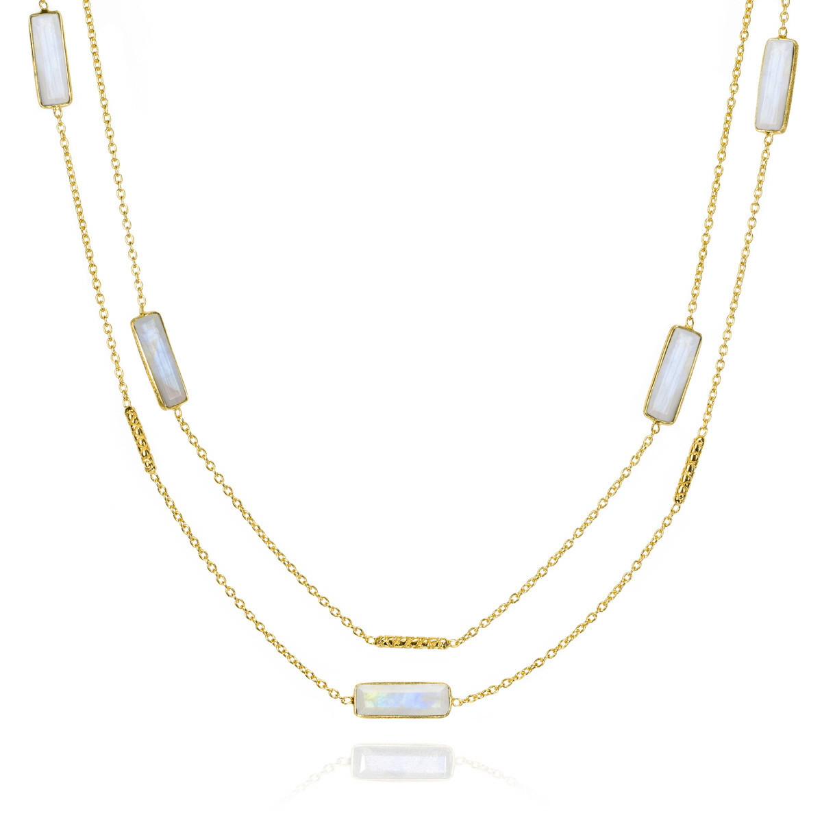 Collar largo con espectrolita en plata de ley bañada en oro 18k