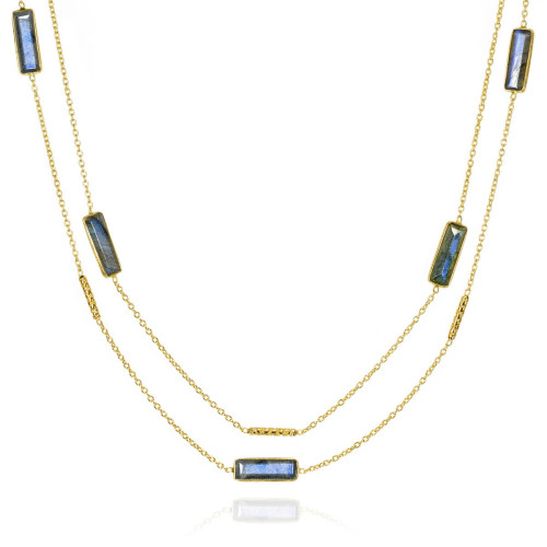 Collar largo con labradorita en plata de ley bañada en oro 18k