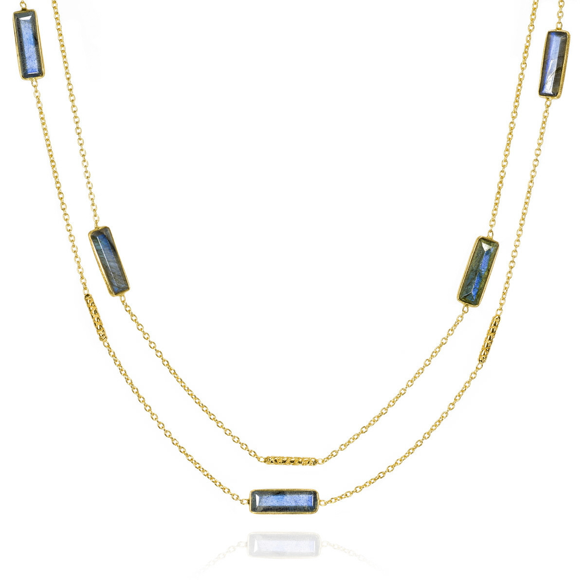 Collar largo con labradorita en plata de ley bañada en oro 18k