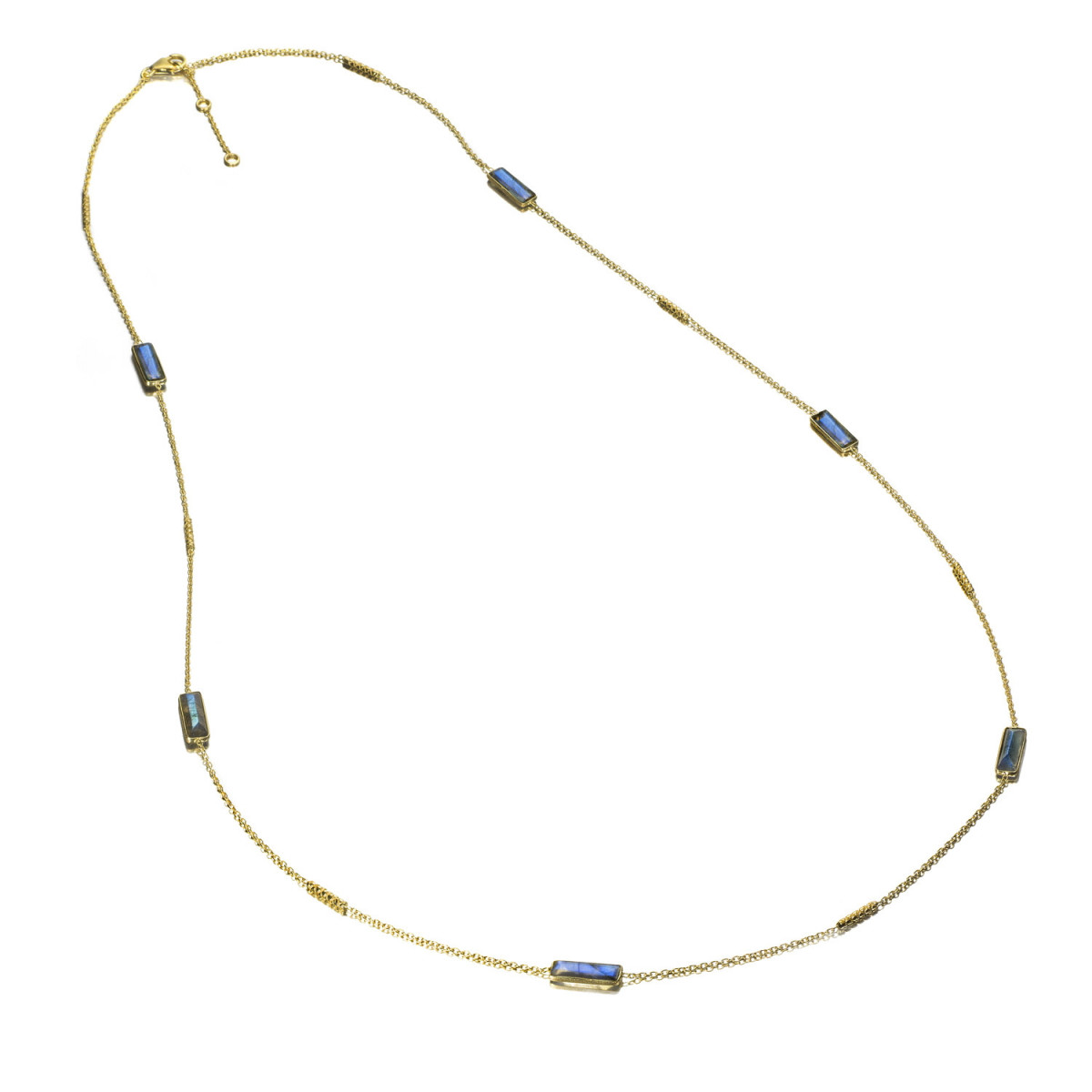 Collar largo con labradorita en plata de ley bañada en oro 18k