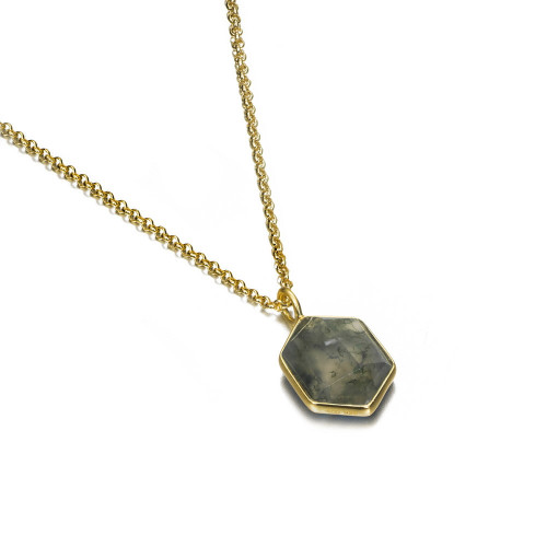 Colgante hexagonal con ágata musgo de plata con baño de oro 18k
