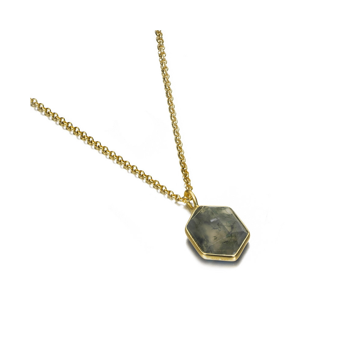 Colgante hexagonal con ágata musgo de plata con baño de oro 18k