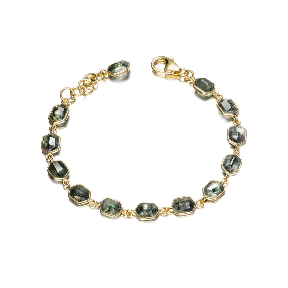 Geometric bracelet with moss agate in sterling silver with 18k gold vermeil