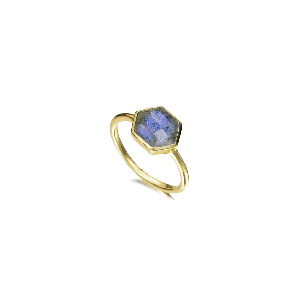 Ring with hexagonal labradorite in sterling silver with 18k gold vermeil