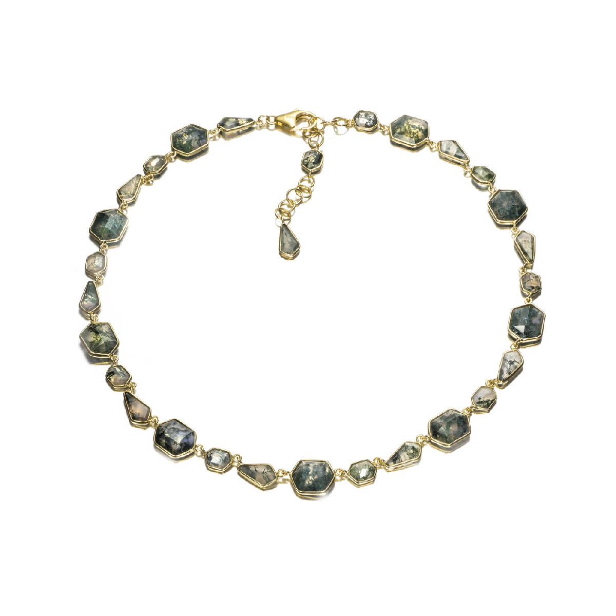 Geometric necklace with moss agate in sterling silver with 18k gold vermeil