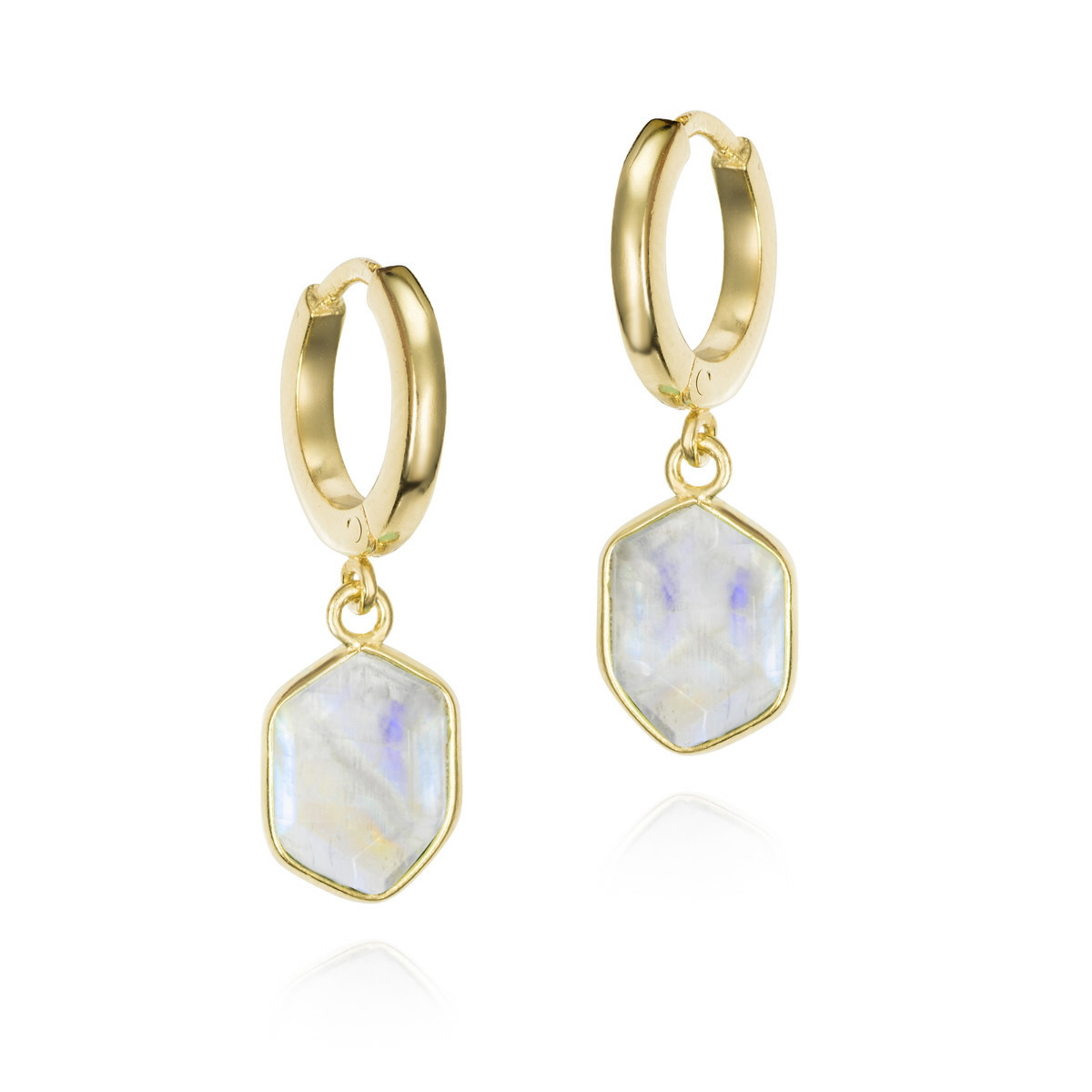 Hoop earring with hexagonal rainbow moonstone in sterling silver with 18k gold vermeil