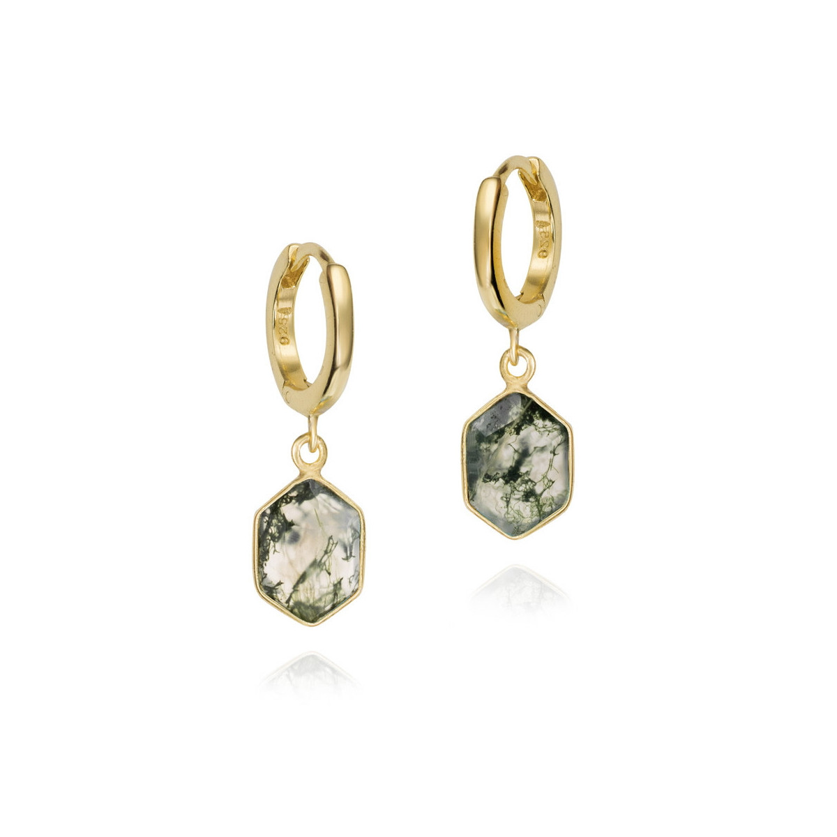 Pendiente de aro con ágata musgo hexagonal de plata con baño de oro 18k