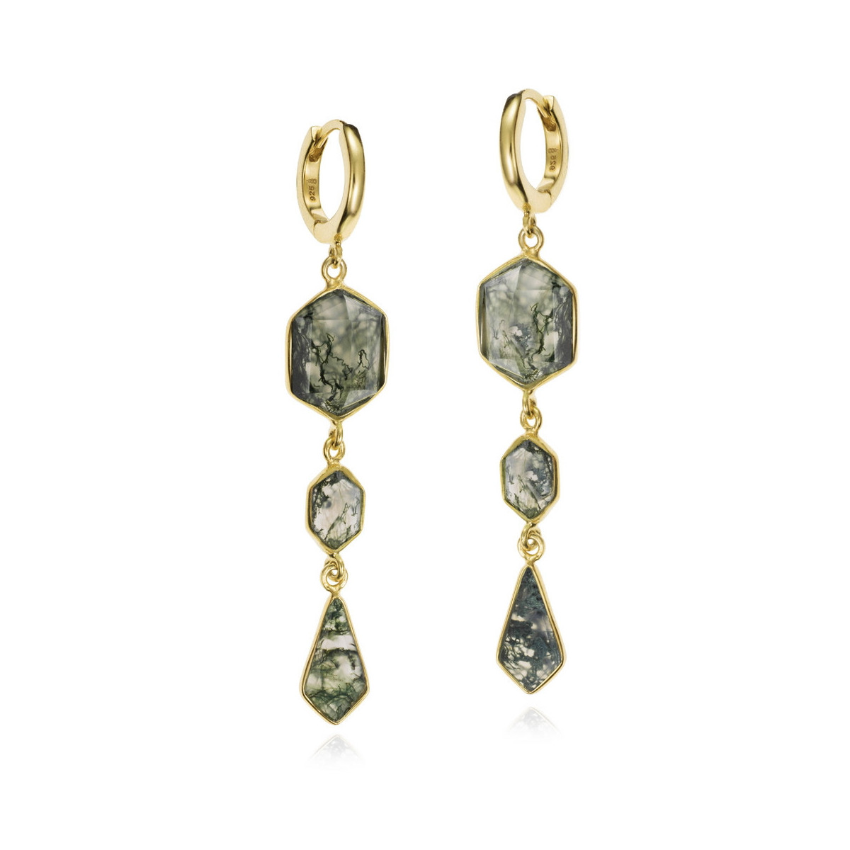 Long earring with moss agate in sterling silver with 18k gold vermeil