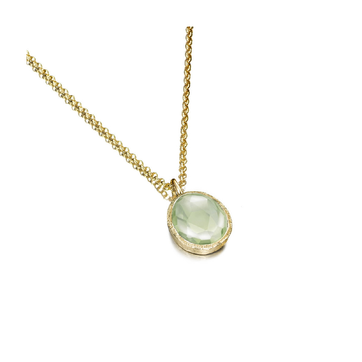 Colgante pequeño con amatista verde tallada en plata de ley con baño de oro de 18k