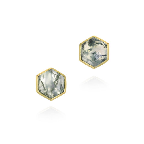 Pendientes midi hexagonales de ágata musgo con baño de oro 18k