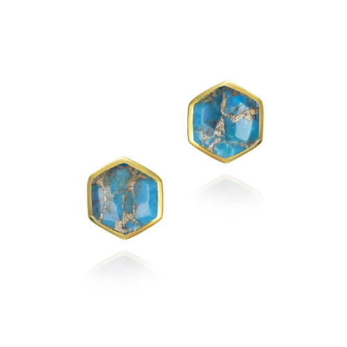 Pendientes midi hexagonales de turquesa de plata con baño de oro 18k