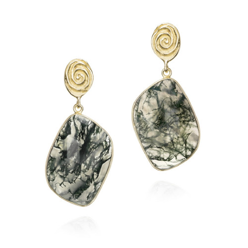 Pendientes con ágata musgo y detalle orgánico en plata de ley con baño de oro de 18k