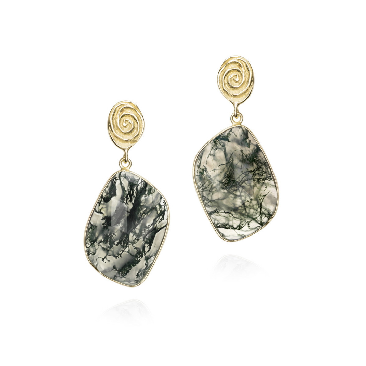 Pendientes con ágata musgo y detalle orgánico en plata de ley con baño de oro de 18k