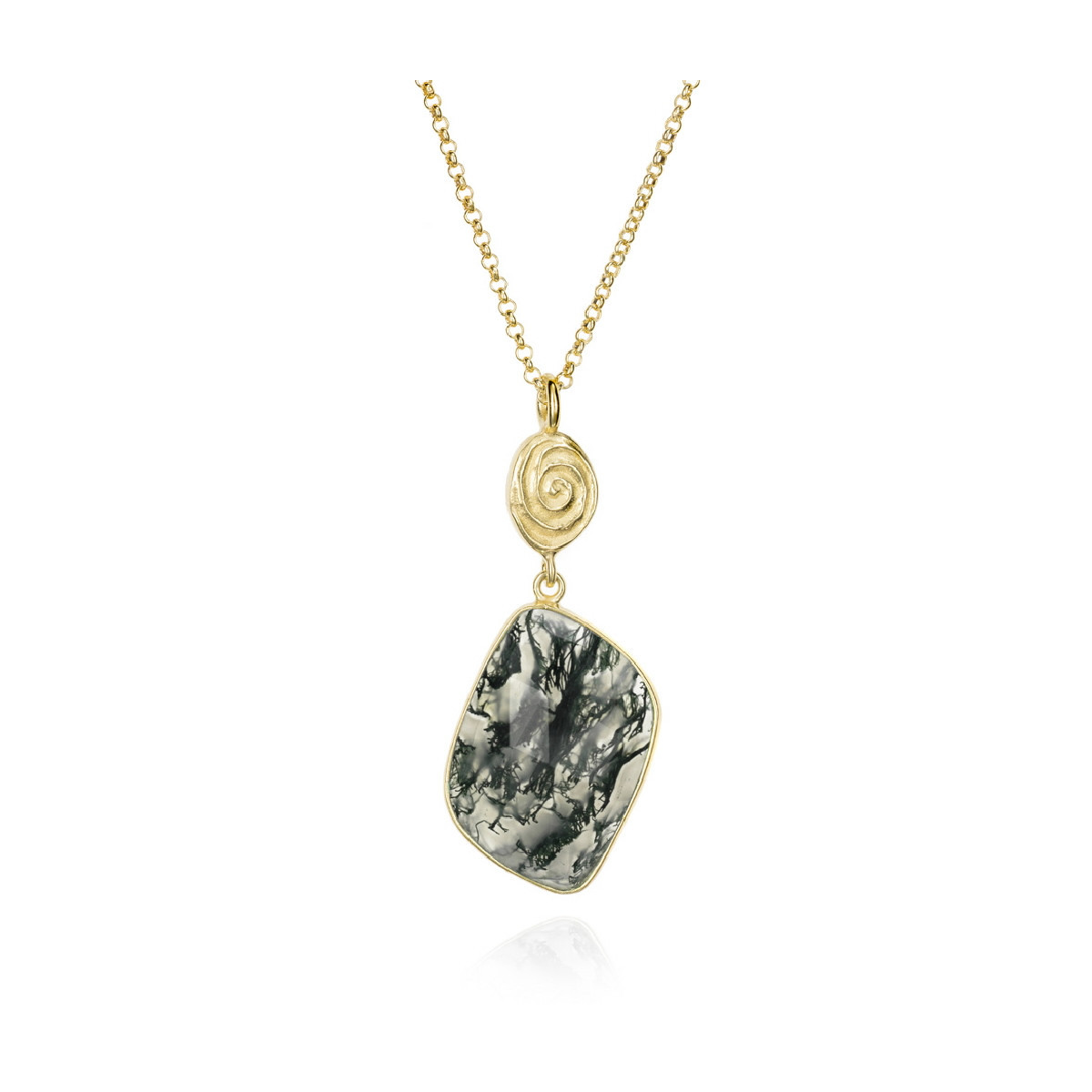 Colgante con ágata musgo y detalle orgánico en plata de ley con baño de oro de 18k